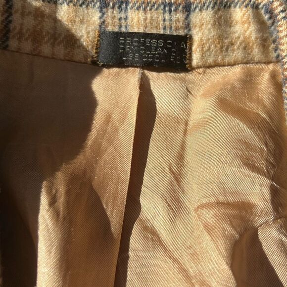 Vintage 70s 80s Beige Coat Wool Mix Plaid Shoulder Pad Blazer Women's Small - Picture 3 of 7